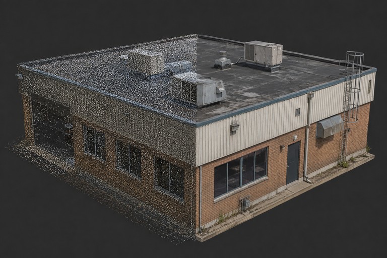 Wizualny model 3D hali z chmurą punktów i teksturowaną bryłą