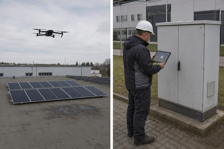 Dron dokumentuje dach hali, a specjalista sprawdza wskazane urządzenie z ziemi - wizualizacja poglądowa