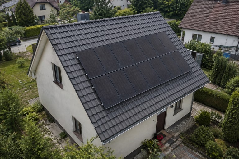 Dach domu jednorodzinnego z panelami PV z drona - wizualizacja poglądowa