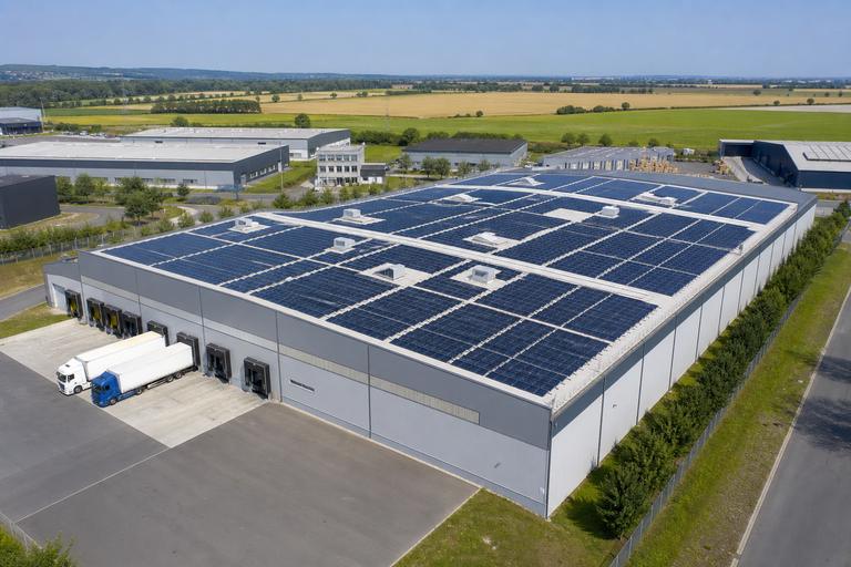 Dach hali przemysłowej z instalacją fotowoltaiczną z drona - wizualizacja poglądowa
