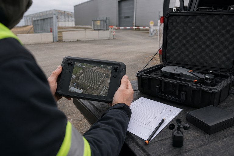 Kontroler z planem regularnej trasy nalotu, dokumentacja terenowa i dron w walizce - wizualizacja poglądowa